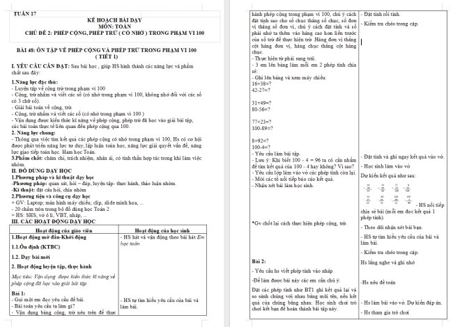Giáo án Toán 2: Ôn tập về phép cộng, phép trừ trong phạm vi 100