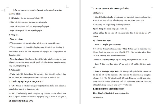 Giáo án Toán 6 Bài 14: Phép cộng và phép trừ số nguyên