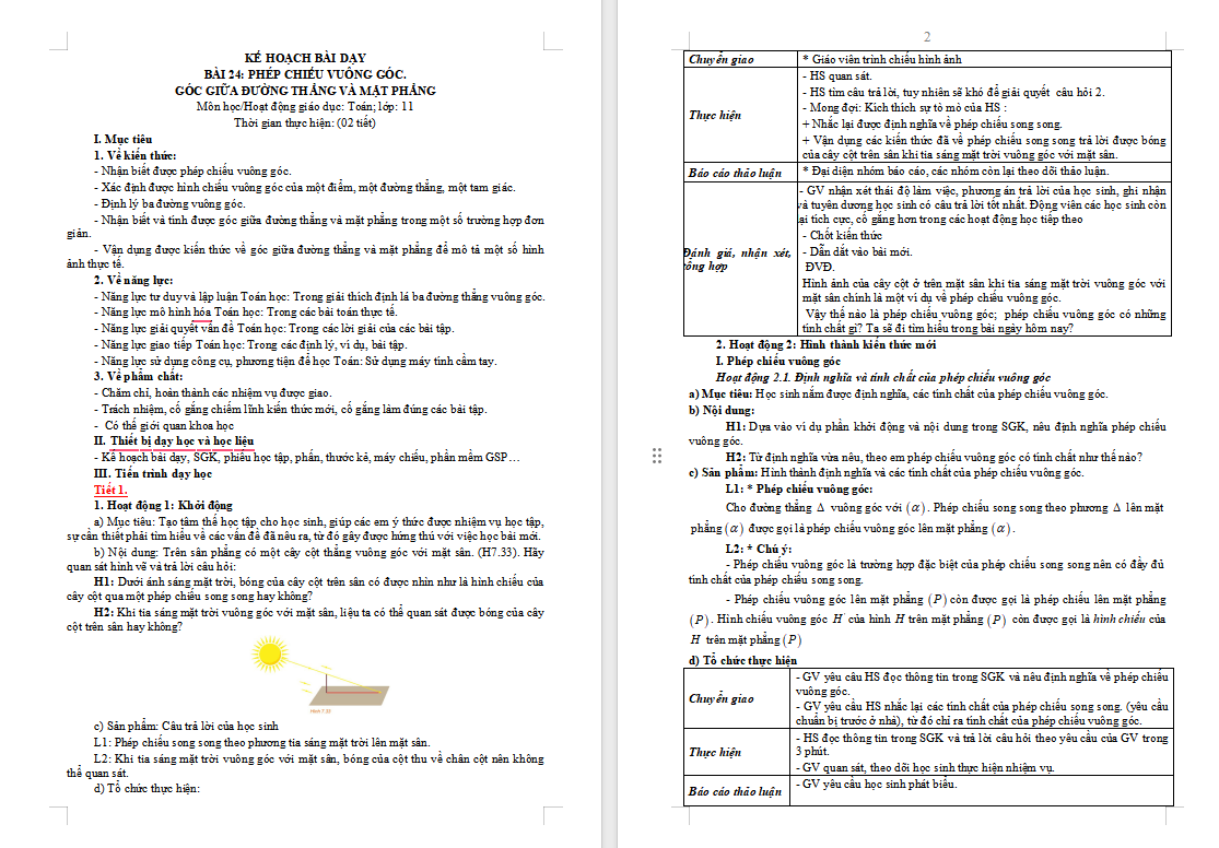 Phép chiếu vuông góc Góc giữa đường thẳng và mặt phẳng