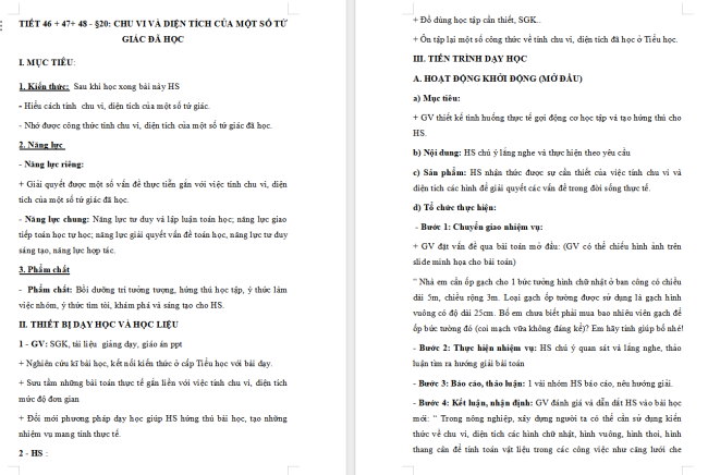 Giáo án Toán 6 Bài 20: Chu vi và diện tích của một số tứ giác đã học