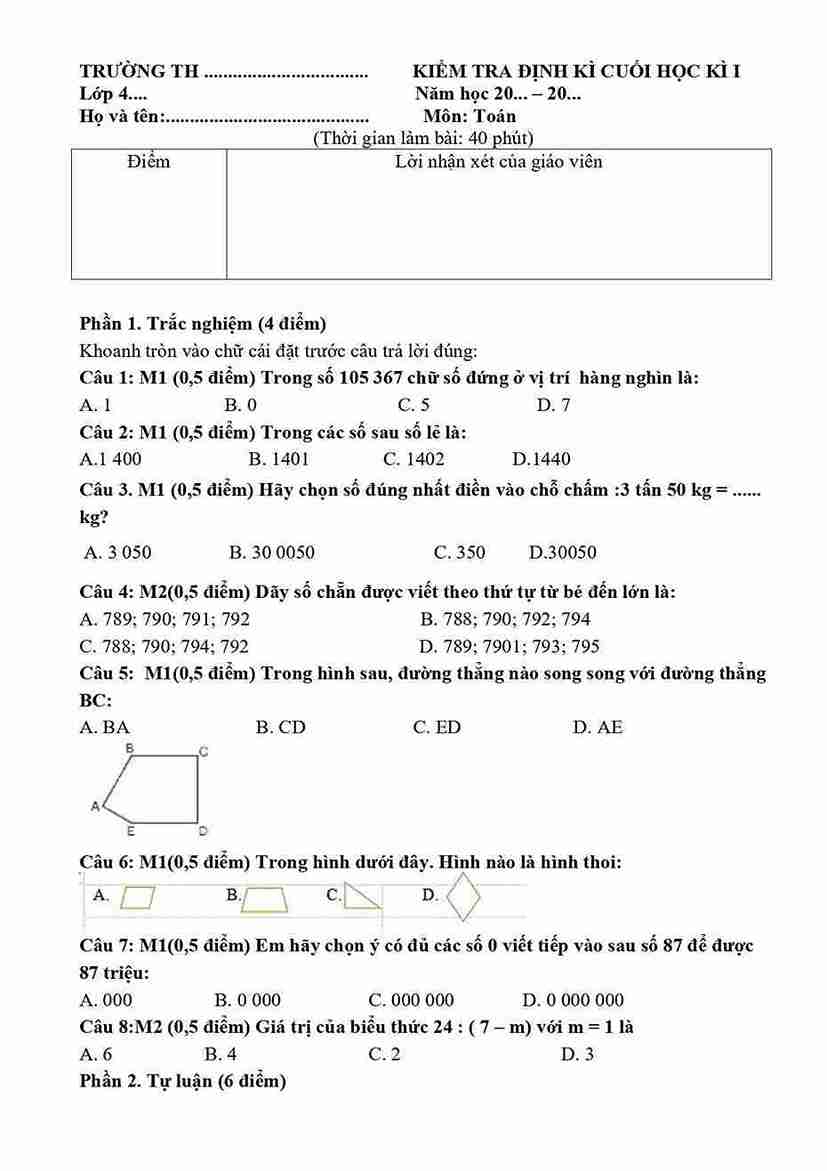 de thi hoc ki 1 mon toan 4 ctst de 5 2*848275