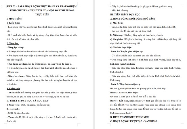 Giáo án Toán 6 Bài 4: Hoạt động thực hành và trải nghiệm: Tính chu vi và diện tích của một số hình trong thực tiễn
