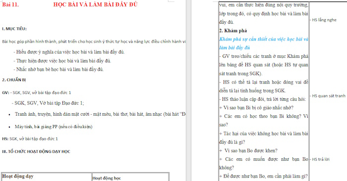 Giáo án Đạo đức lớp 1: Học bài và làm bài đầy đủ