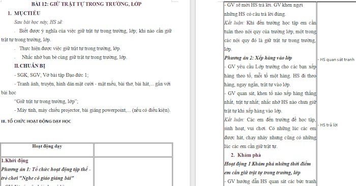 Giáo án Đạo đức lớp 1 Giữ trật tự trong trường, lớp