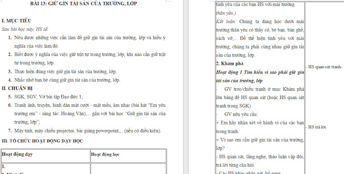 Giáo án Đạo đức 1 Giữ gìn tài sản của trường, lớp