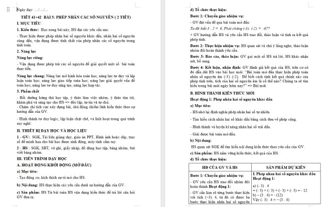 Giáo án Toán 6 Bài 5: Phép nhân các số nguyên