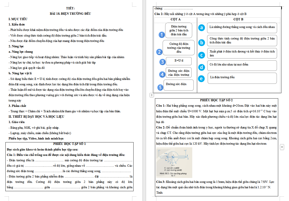 Giáo án Vật lí 11 Bài 18: Điện trường đều