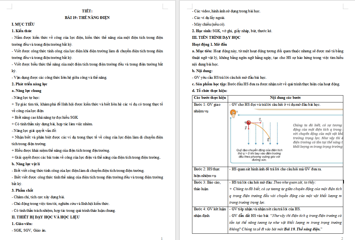 Giáo án Vật lí 11 Bài 19: Thế năng điện