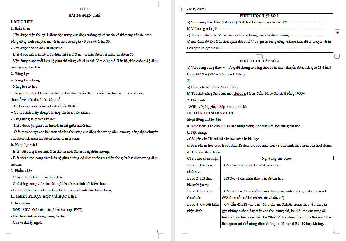 Giáo án Vật lí 11 Bài 20: Điện thế