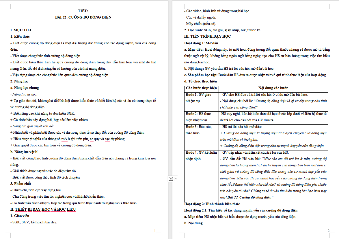 Giáo án Vật lí 11 Bài 22: Cường độ dòng điện