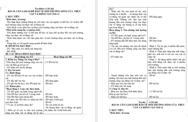 Giáo án Tự nhiên và xã hội 2 Bài 18: Cần làm gì để bảo vệ môi trường sống của thực vật và động vật