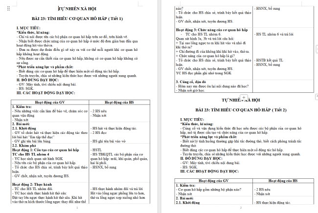 Giáo án Tự nhiên và xã hội 2 Bài 23: Tìm hiểu cơ quan hô hấp
