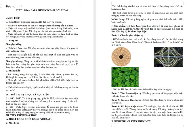 Giáo án Toán 6 Bài 6: Hình có tâm đối xứng