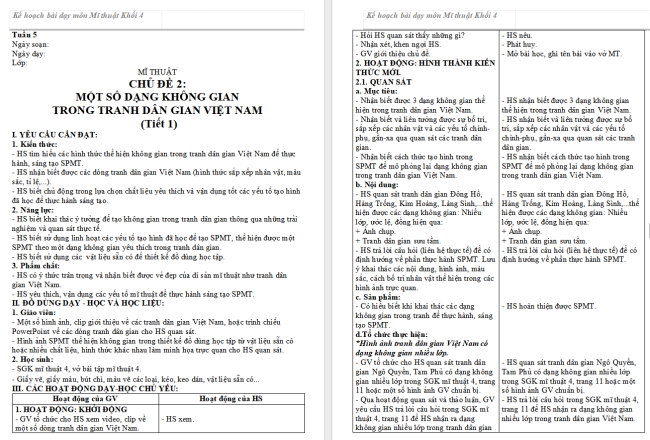 Giáo án Mĩ thuật 4 Chủ đề 2: Một số dạng không gian trong tranh dân gian Việt Nam