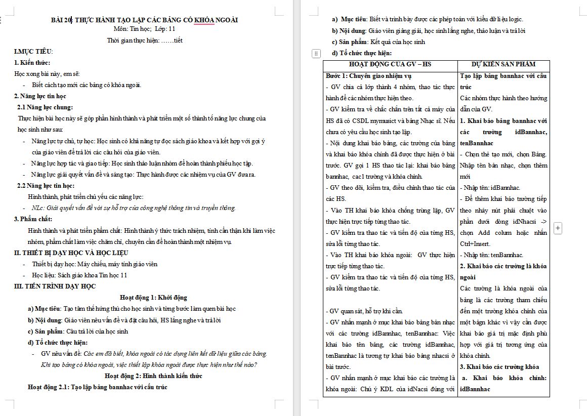 Thực hành tạo lập các bảng có khóa ngoài