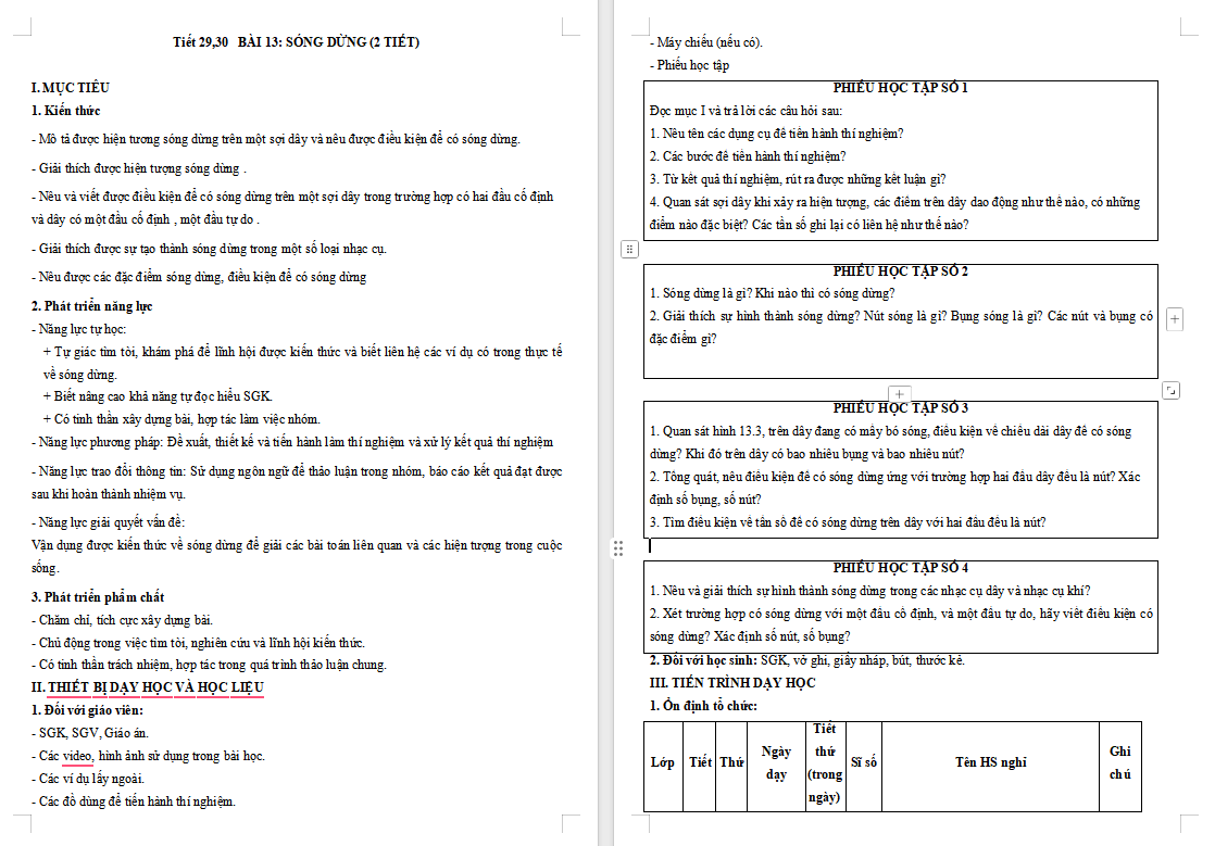 Giáo án Vật lí 11 Bài 13: Sóng dừng