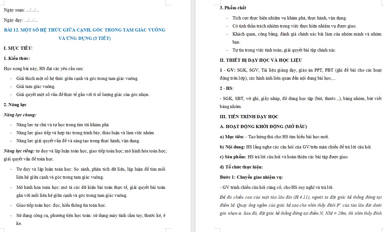 Giáo án Toán 9 KNTT Một số hệ thức giữa cạnh, góc trong tam giác vuông và ứng dụng