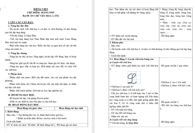 Giáo án Tiếng Việt 3 Bài 8: Ôn chữ viết hoa L