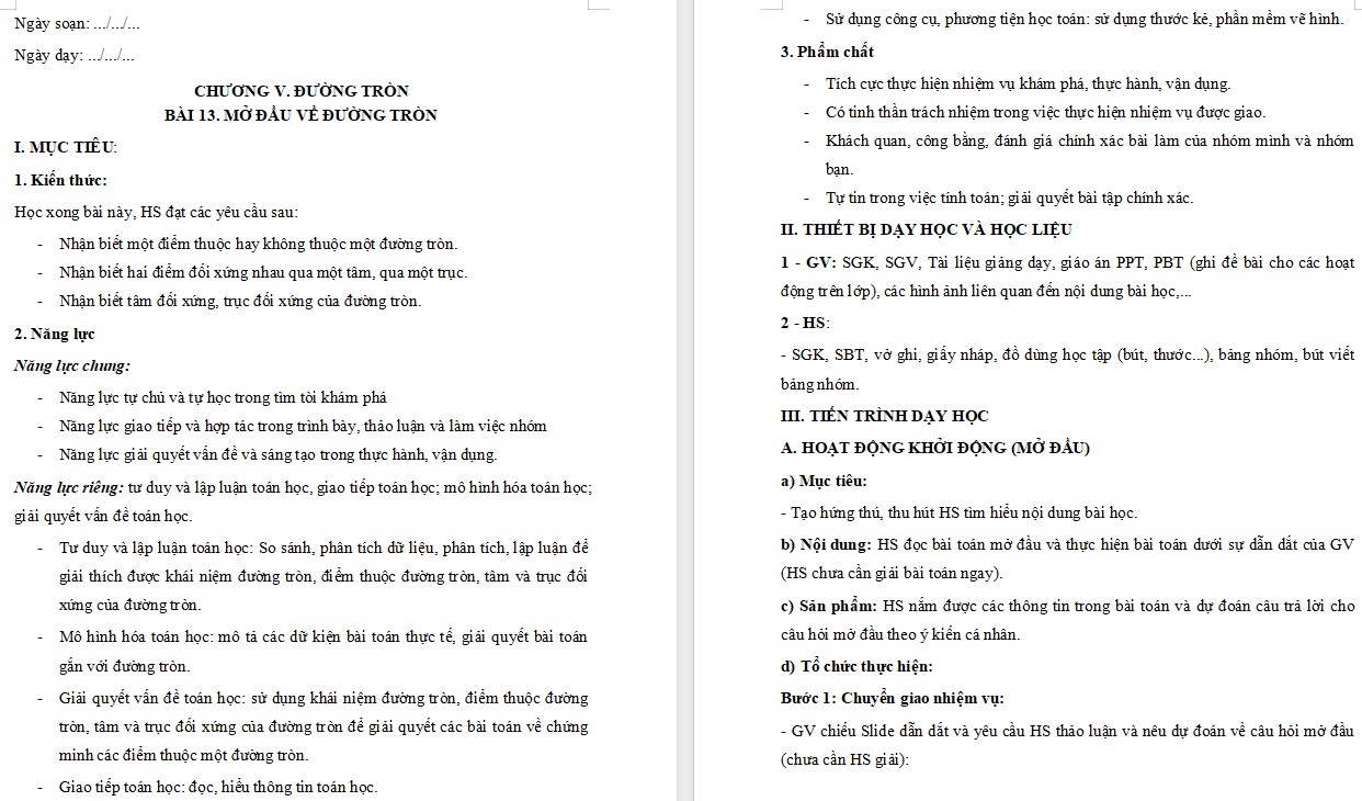 Giáo án Toán 9 KNTT Bài 13: Mở đầu về đường tròn