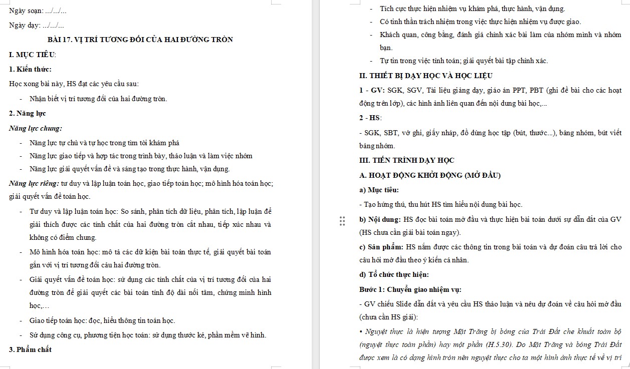 Giáo án Toán 9 KNTT Bài 17: Vị trí tương đối của hai đường tròn