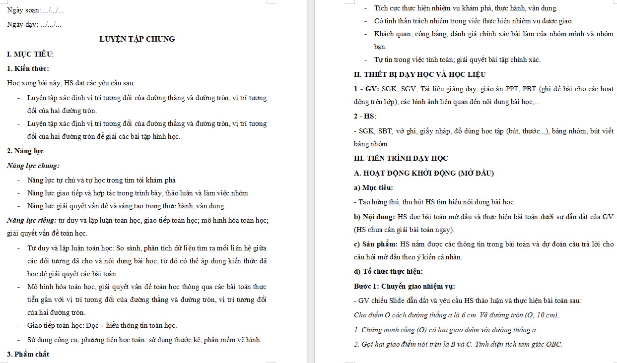 Giáo án Toán 9 KNTT Bài Luyện tập chung Chương 5