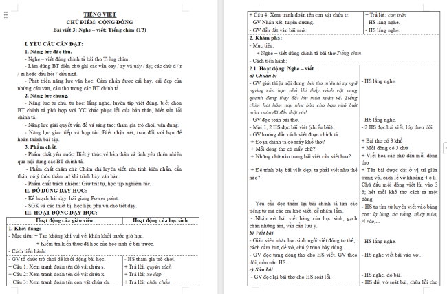 Giáo án Tiếng Việt 3 Bài 9: Nghe - viết Tiếng chim