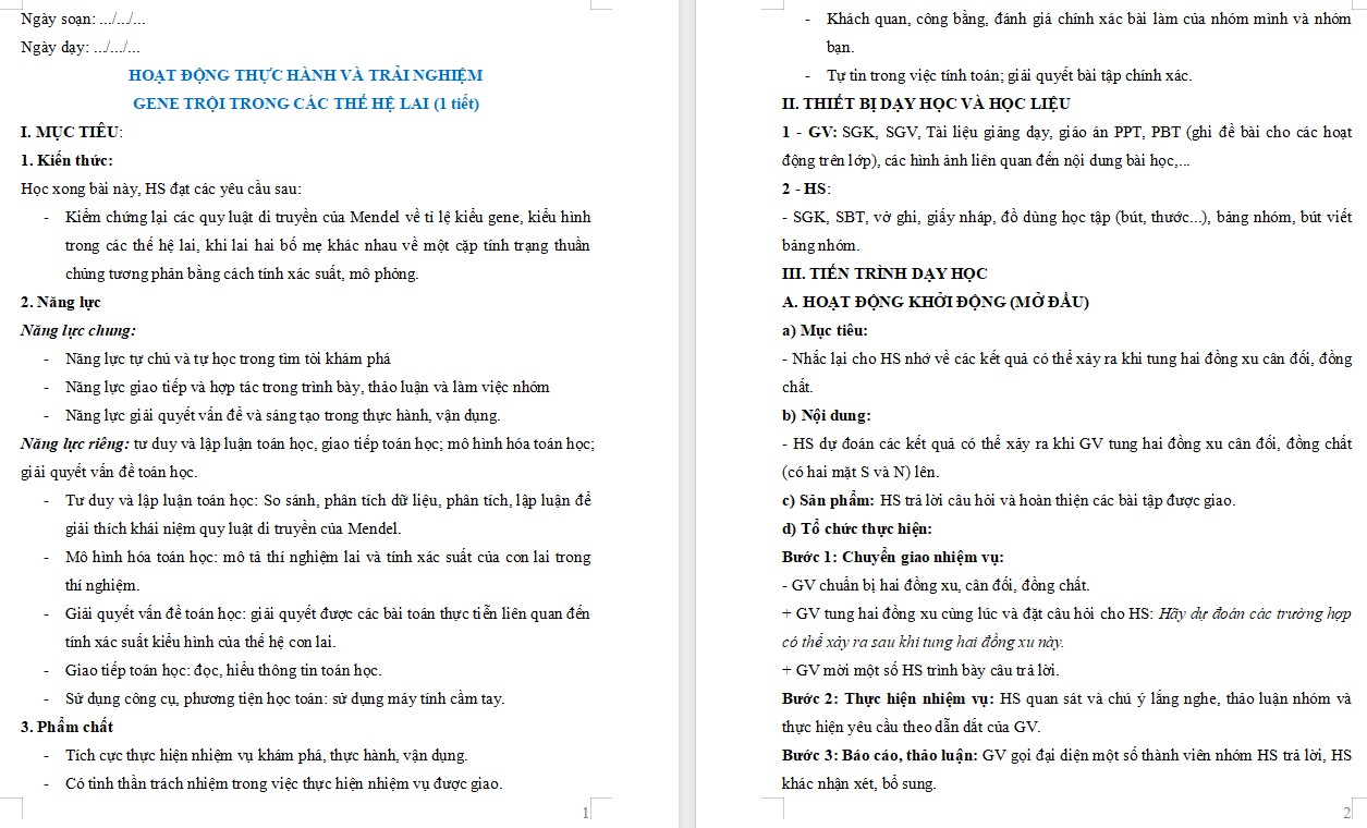 Giáo án Toán 9 KNTT Bài Gene trội trong các thế hệ lai