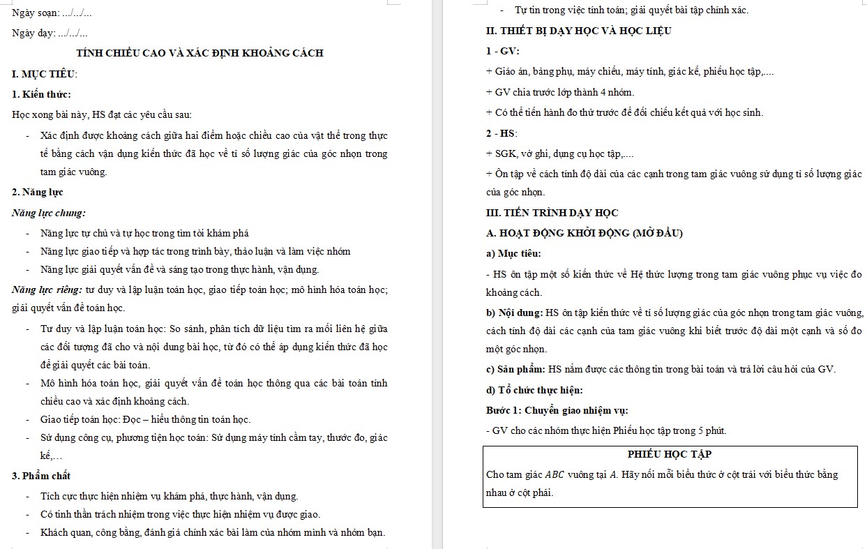 Giáo án Toán 9 KNTT Tính chiều cao và xác định khoảng cách