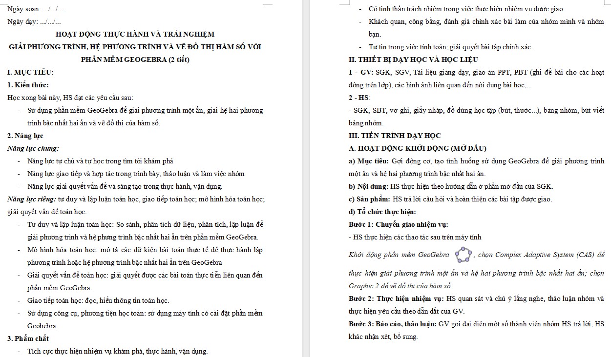 Giáo án Toán 9 KNTT Bài Giải phương trình, hệ phương trình và vẽ đồ thị hàm số với phần mềm GeoGebra