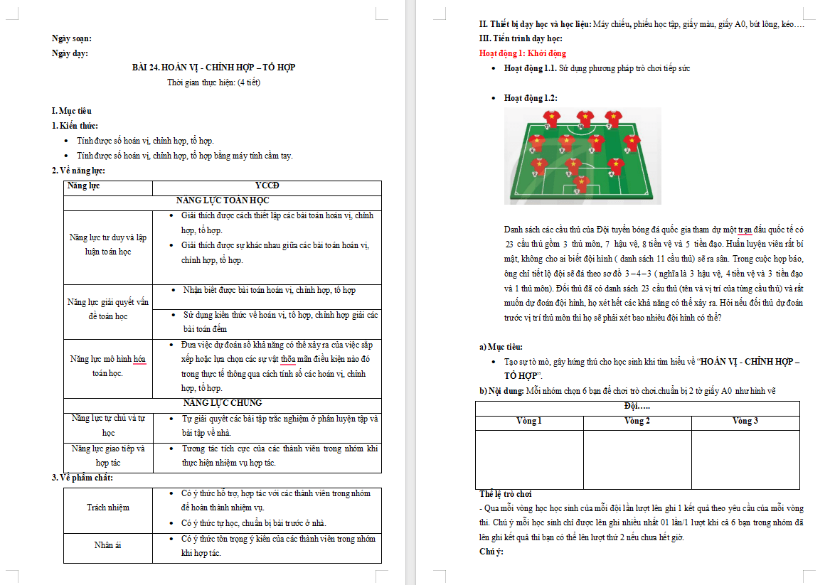 Toán 10 Bài 24: Hoán vị chỉnh hợp và tổ hợp
