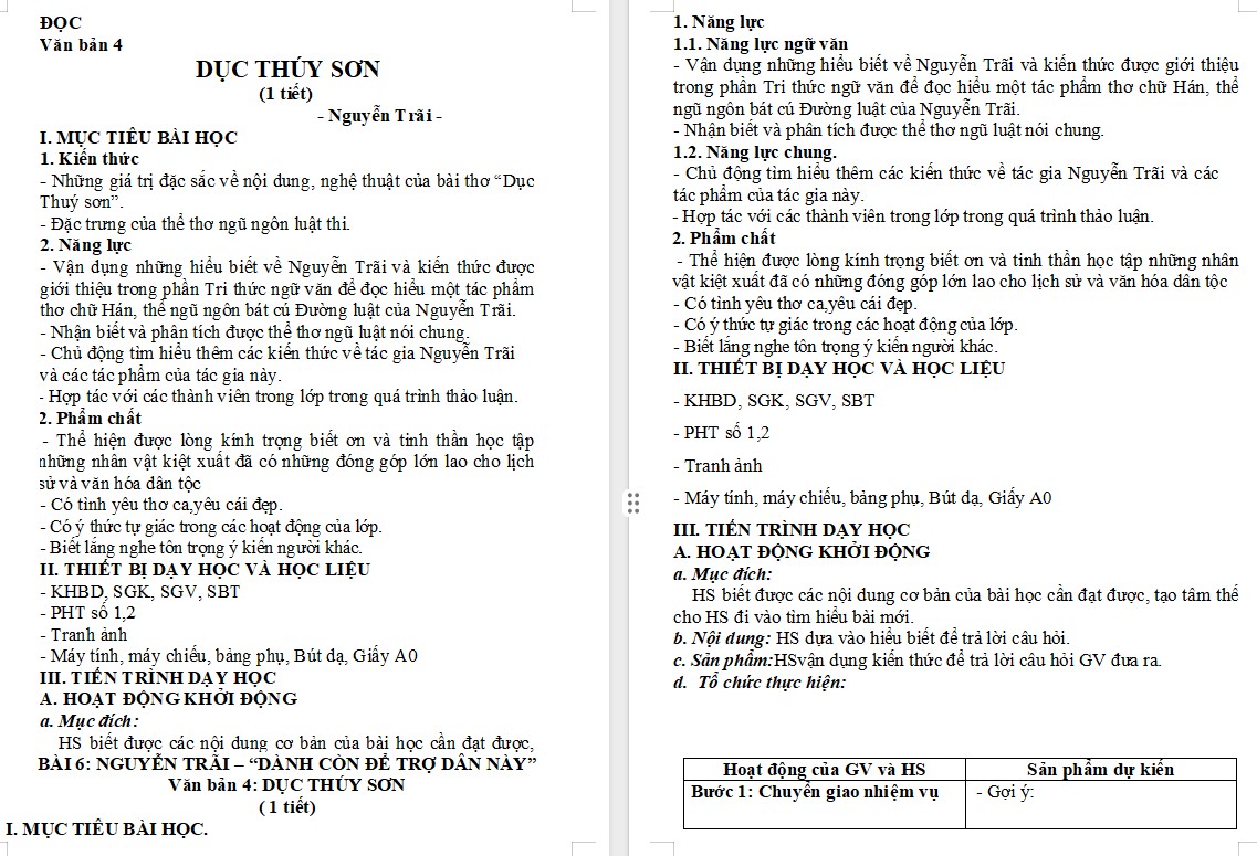 KHBD Ngữ văn 10 Bài Dục Thúy sơn