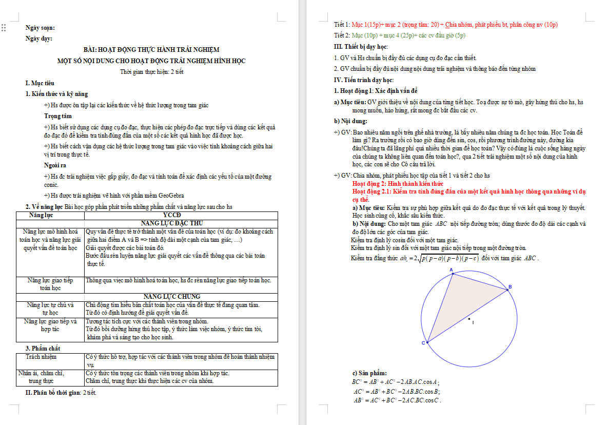 Một số nội dung cho hoạt động trải nghiệm hình học
