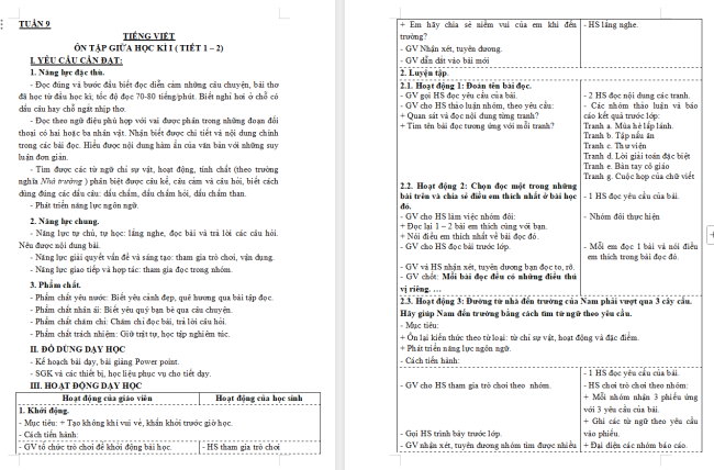 Giáo án Tiếng Việt 3 Ôn tập giữa học kì 1 (Tiết 1, 2)