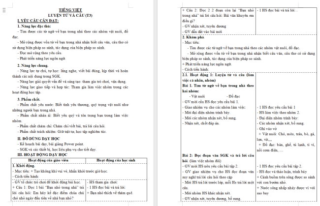 Giáo án Tiếng Việt 3 Bài 24: Mở rộng vốn từ về bạn trong nhà; Biện pháp so sánh