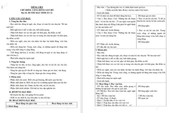 Giáo án Tiếng Việt 3 Bài 26: Đi tìm mặt trời