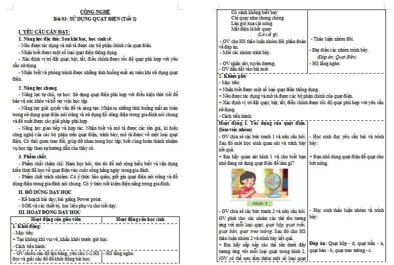 Giáo án Công nghệ 3 Bài 3: Sử dụng quạt điện