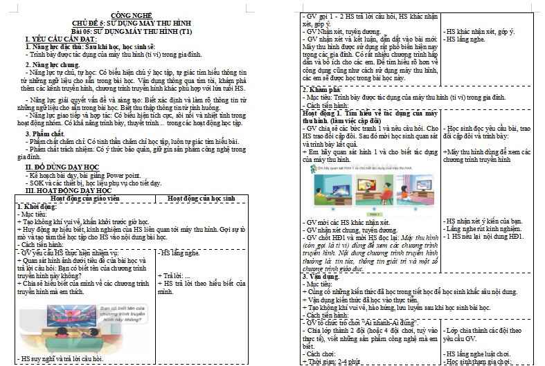 Giáo án Công nghệ 3 Bài 5: Sử dụng máy thu hình