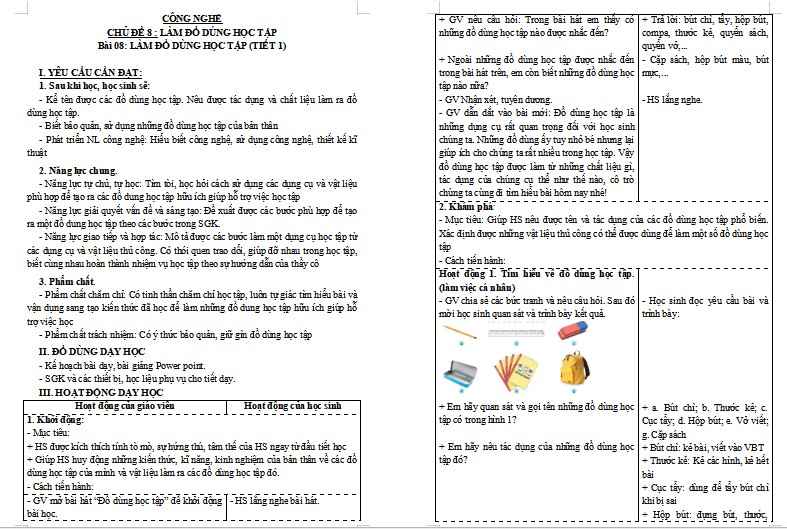Giáo án Công nghệ 3 Bài 8: Làm đồ dùng học tập