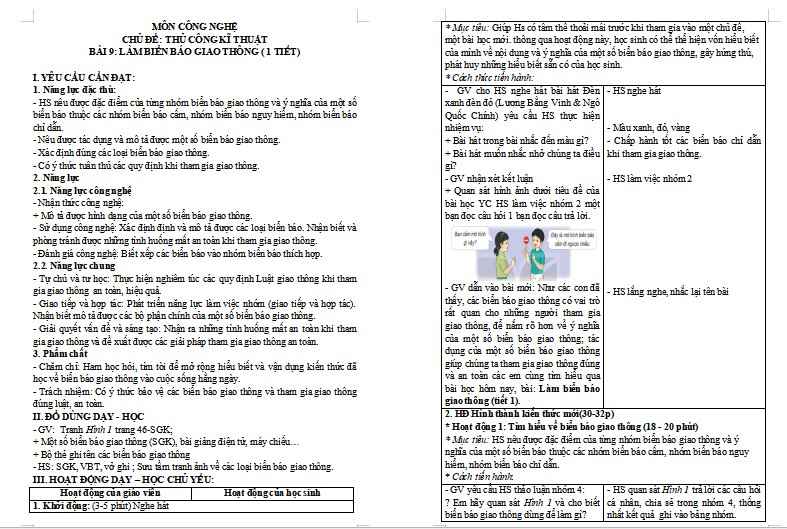 Giáo án Công nghệ 3 Bài 9: Làm biển báo giao thông