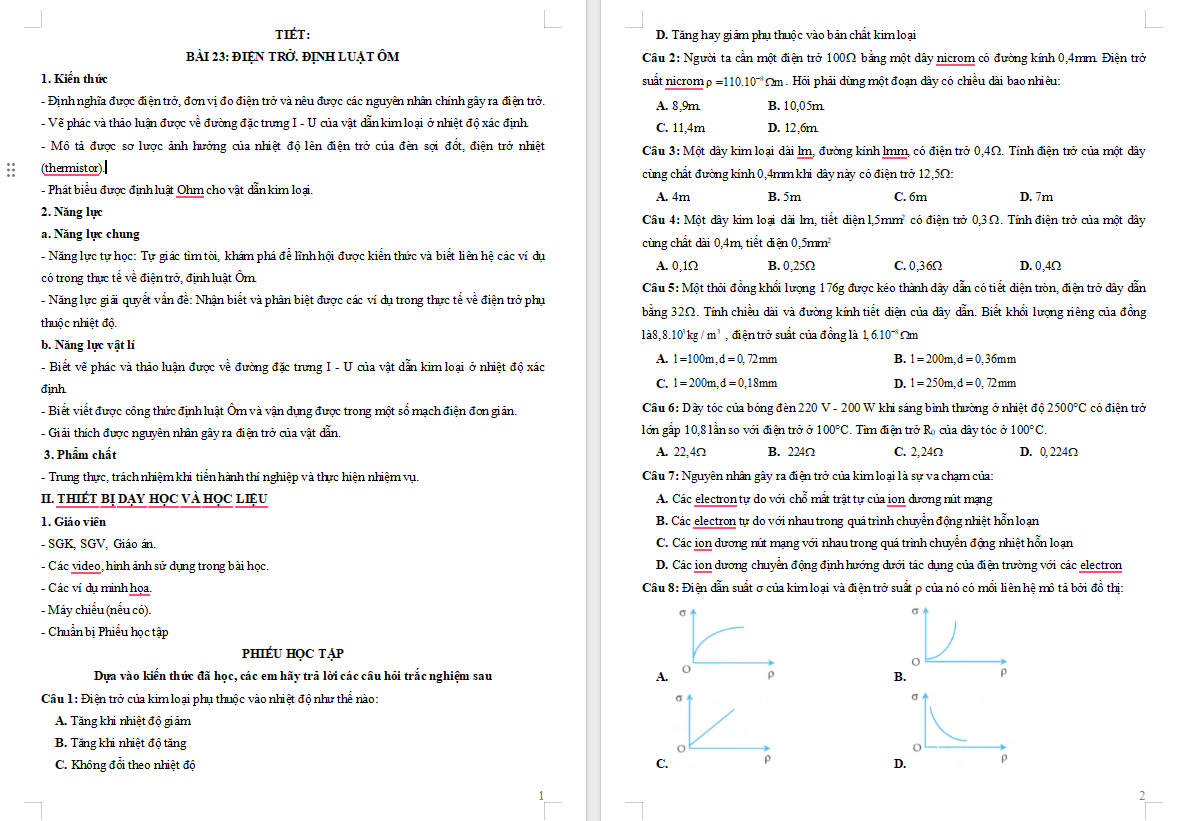 Giáo án Vật lí 11 Bài 23: Điện trở Định luật Ôm