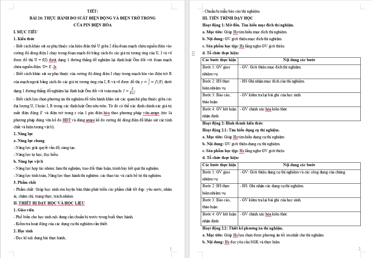 Giáo án Vật lí 11 Bài 26: Thực hành Đo suất điện động và điện trở trong của pin điện hoá