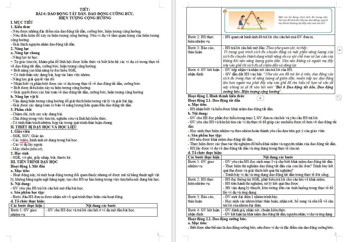 Giáo án Vật lí 11 Bài 6: Dao động tắt dần Dao động cưỡng bức Hiện tượng cộng hưởng