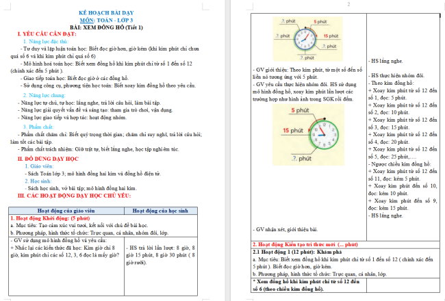 Giáo án Toán 3: Xem đồng hồ