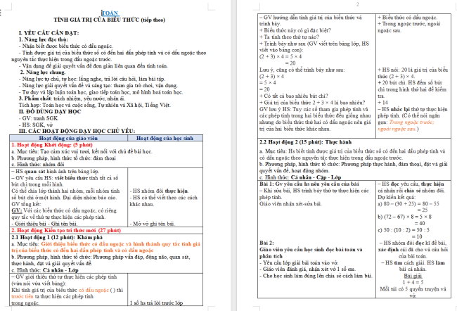 Giáo án Toán 3: Tính giá trị của biểu thức (tiếp theo) trang 35