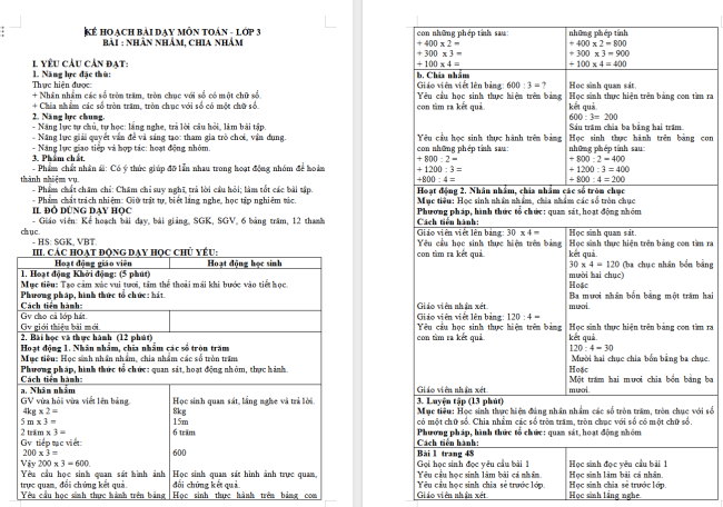 Giáo án Toán 3: Nhân nhẩm, chia nhẩm