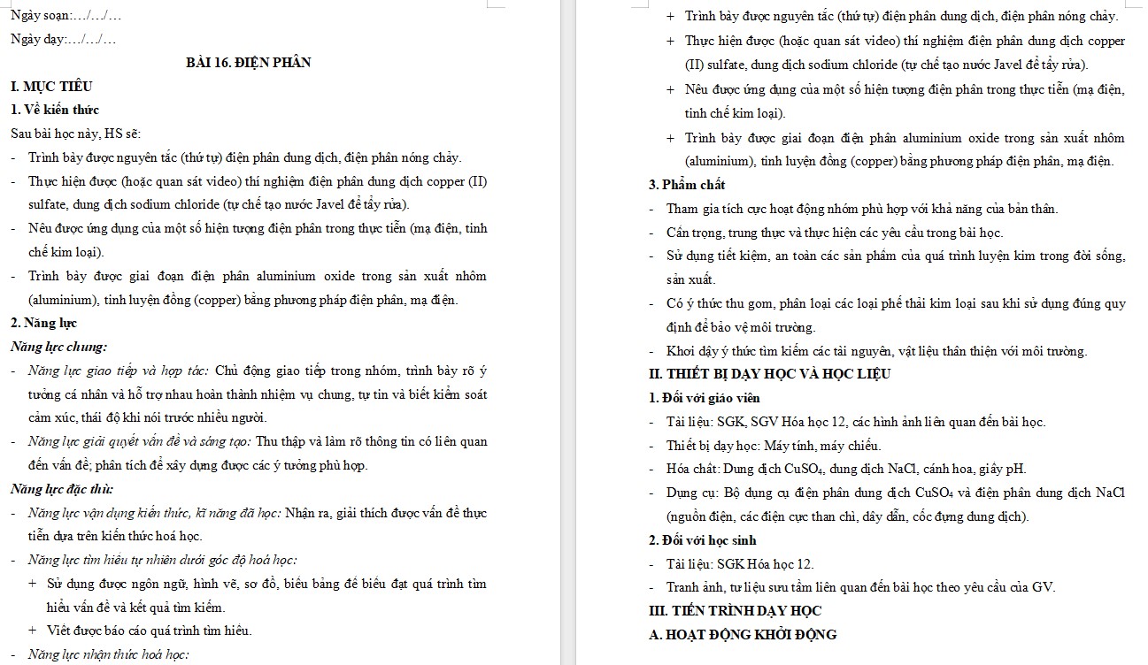 Giáo án Bài 16 Hóa 12 Kết nối tri thức