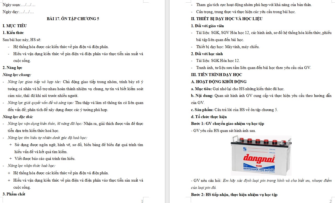 Giáo án Bài 17 Hóa 12 Kết nối tri thức