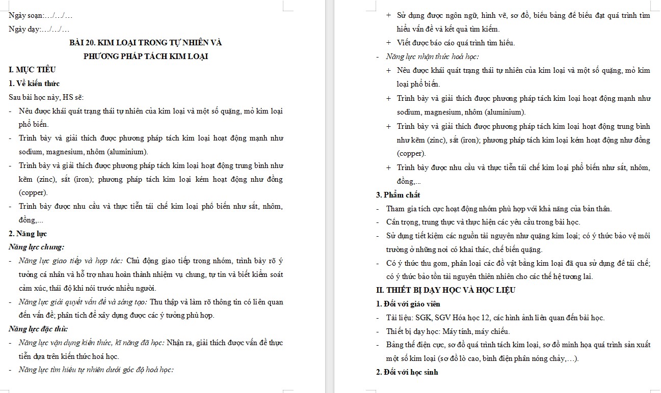Giáo án Bài 20 Hóa 12 Kết nối tri thức