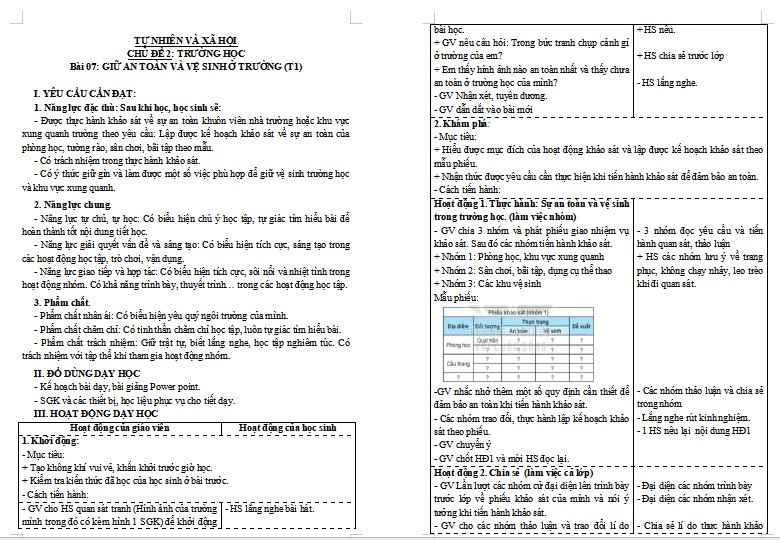 Giáo án Tự nhiên và xã hội 3 Bài 7: Giữ an toàn và vệ sinh ở trường