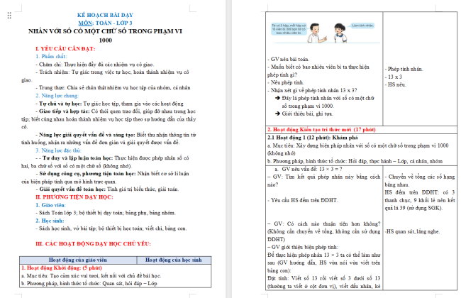 Giáo án Toán 3: Nhân với số có một chữ số trong phạm vi 1000
